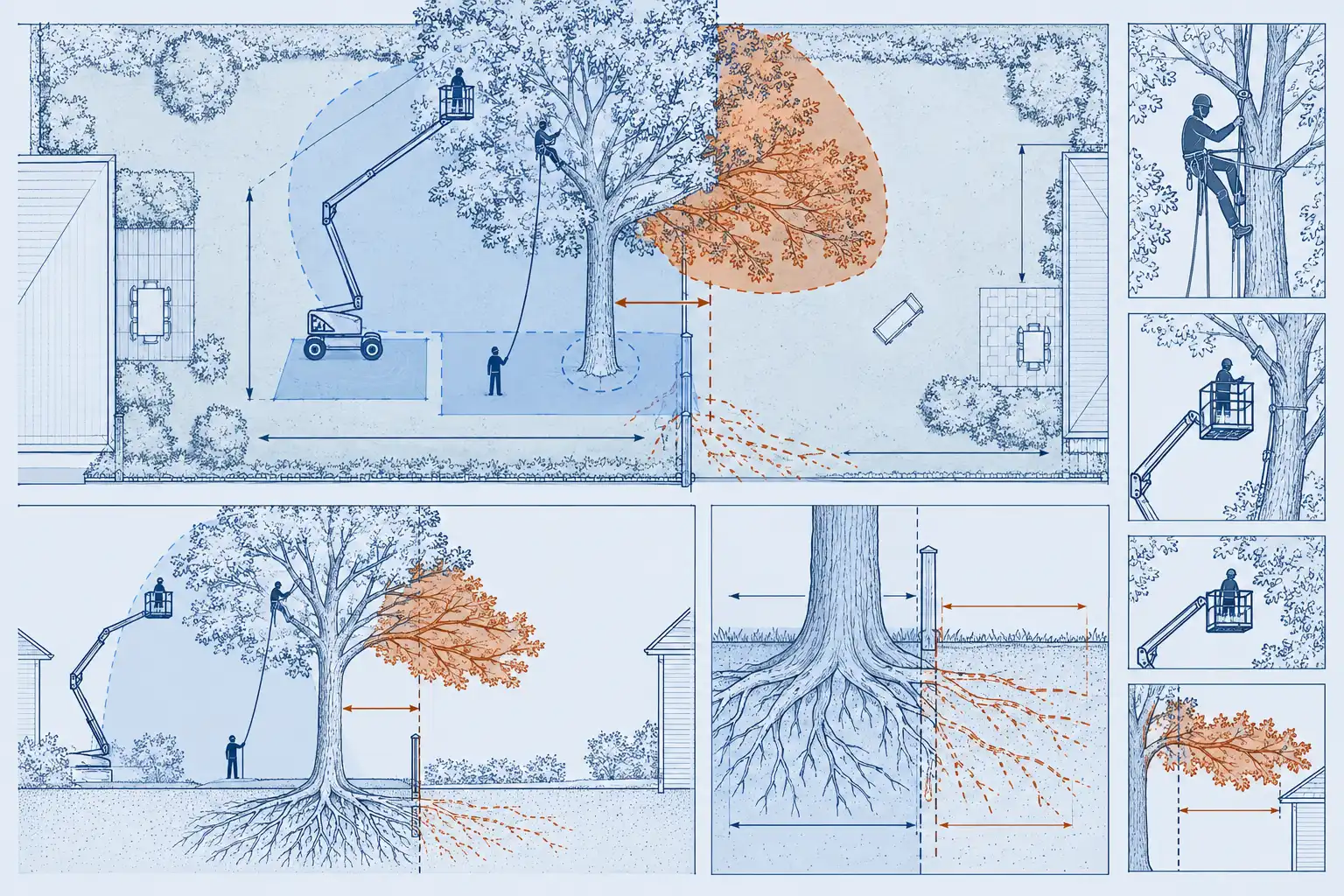 Plan de deux jardins : arbre près de la limite, distance mesurée depuis le tronc, branches qui débordent et racines qui passent chez le voisin