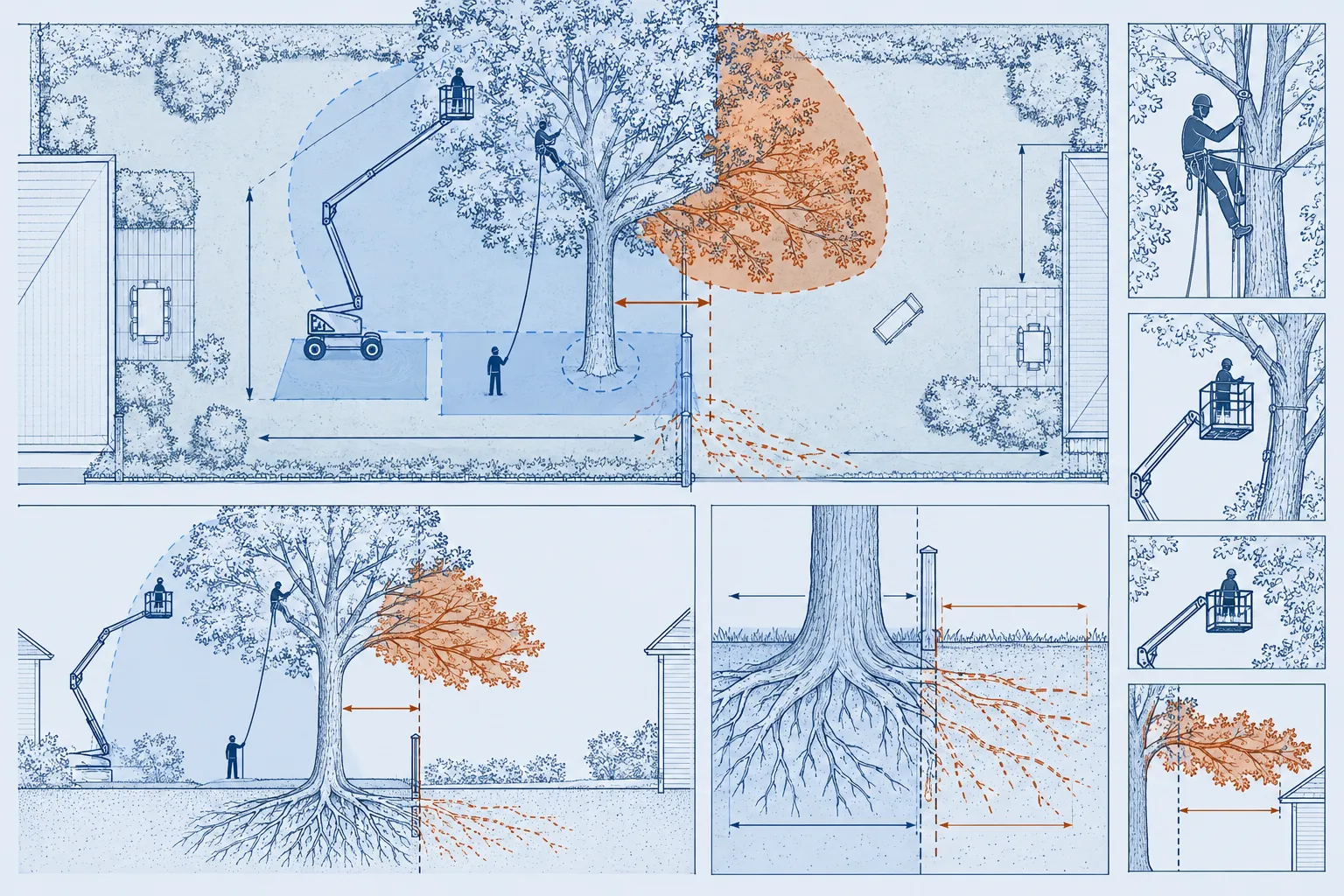 Plan de deux jardins : arbre près de la limite, distance mesurée depuis le tronc, branches qui débordent et racines qui passent chez le voisin
