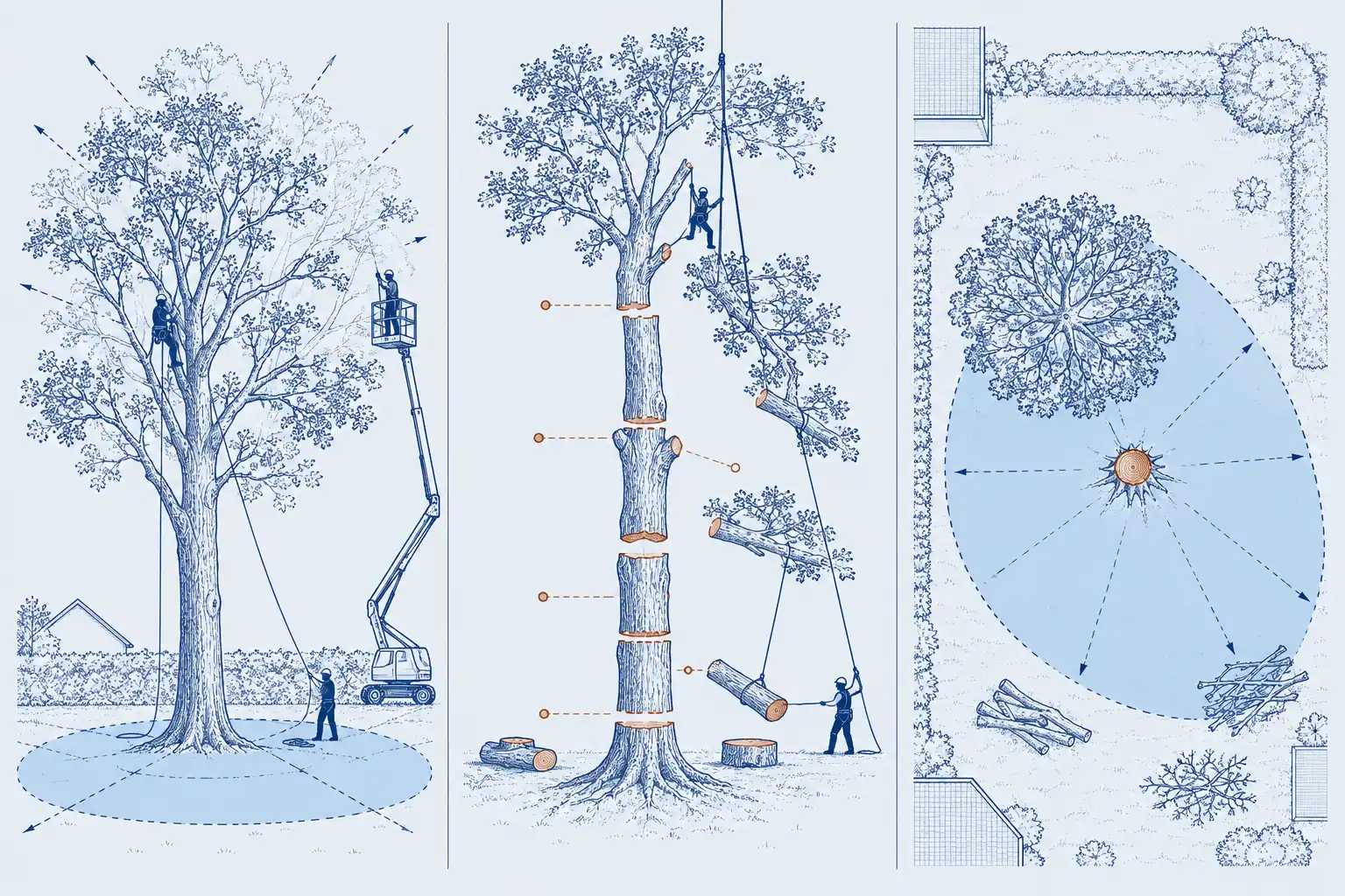 Le même chêne dessiné trois fois : couronne allégée, arbre découpé en tronçons pour un démontage, zone de chute pour un abattage