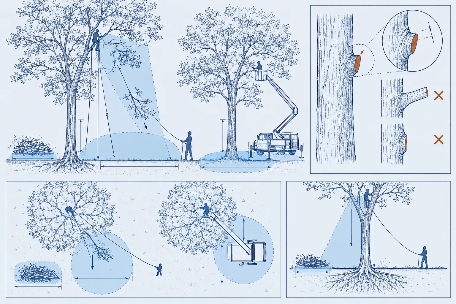 Détail d'une coupe de branche bien placée au col, comparée à un chicot trop long et à une coupe trop rase